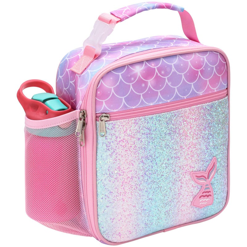 Bagseri Lunch Bag for Girls  Kids Lunch Box Reusable LeakProof and Insulated Kids Lunch Bag With Water Bottle Holder Toddler Girls Lunch Box for Daycare and School Glitter Pink Mermaid