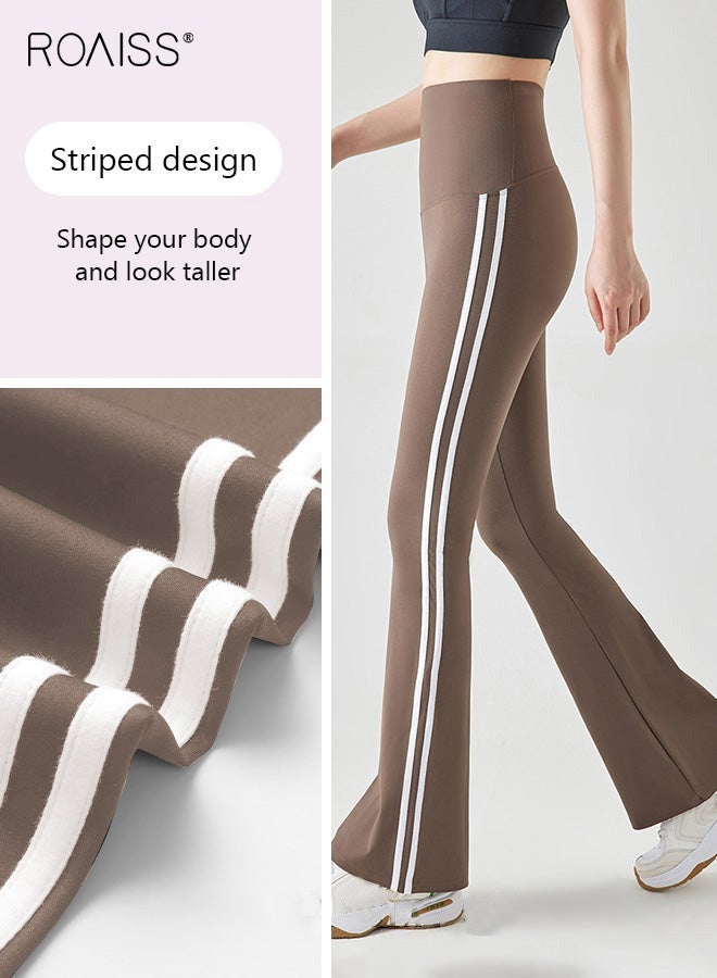 roaiss Women Striped Sweatpants High Elastic Fabric Yoga Fitness Pants Slightly Booted Trousers Wear resistant and Anti wrinkle Moisture Wicking Tighten the Waist Modify Body Proportions Brown - Image 3