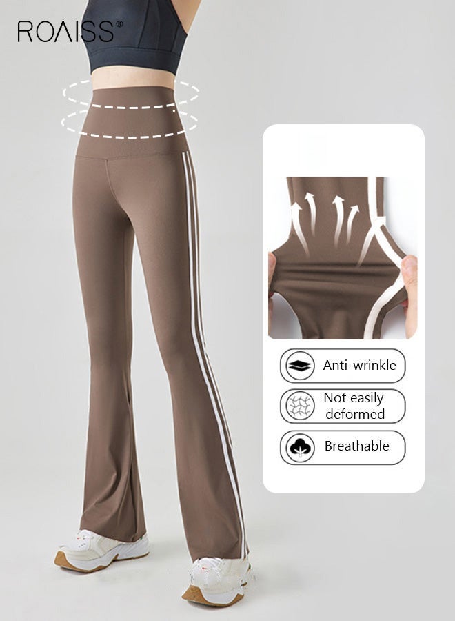 roaiss Women Striped Sweatpants High Elastic Fabric Yoga Fitness Pants Slightly Booted Trousers Wear resistant and Anti wrinkle Moisture Wicking Tighten the Waist Modify Body Proportions Brown - Image 2