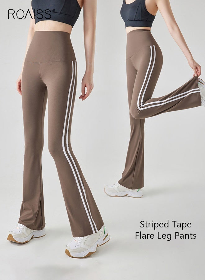 roaiss Women Striped Sweatpants High Elastic Fabric Yoga Fitness Pants Slightly Booted Trousers Wear resistant and Anti wrinkle Moisture Wicking Tighten the Waist Modify Body Proportions Brown - Image 1