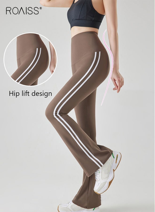 roaiss Women Striped Sweatpants High Elastic Fabric Yoga Fitness Pants Slightly Booted Trousers Wear resistant and Anti wrinkle Moisture Wicking Tighten the Waist Modify Body Proportions Brown - Image 4
