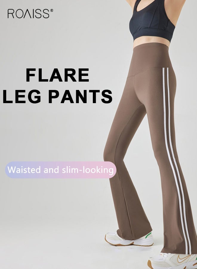 roaiss Women Striped Sweatpants High Elastic Fabric Yoga Fitness Pants Slightly Booted Trousers Wear resistant and Anti wrinkle Moisture Wicking Tighten the Waist Modify Body Proportions Brown - Image 5