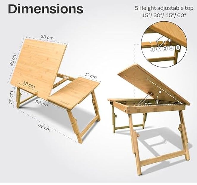 rayihni LAPTOP DESK BAMBOO FOLDABLE LAP TOP BED TABLE SERVING TRAY NOTEBOOK COMPUTER SOFA TABLE STAND HEIGHT & ANGLE ADJUSTABLE LAPDESK LAP DESK TABLE WITH STORAGE DRAWER BREAKFAST TRAY - Image 2