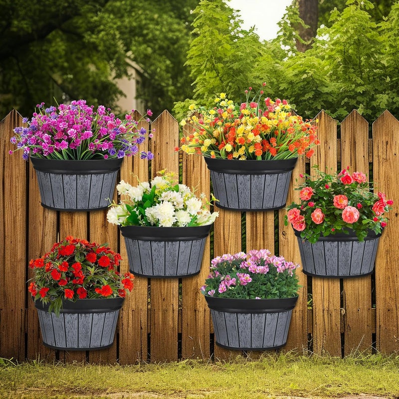 Layhit 6 Pcs Wall Hanging Planters Outdoor Pot Planter Wine Barrel Planter Distressed Oak Thickened Plastic Water Storage Flower Pots for Plants Flower Indoor Outdoor Railing(10 Inches,Black) - Image 1