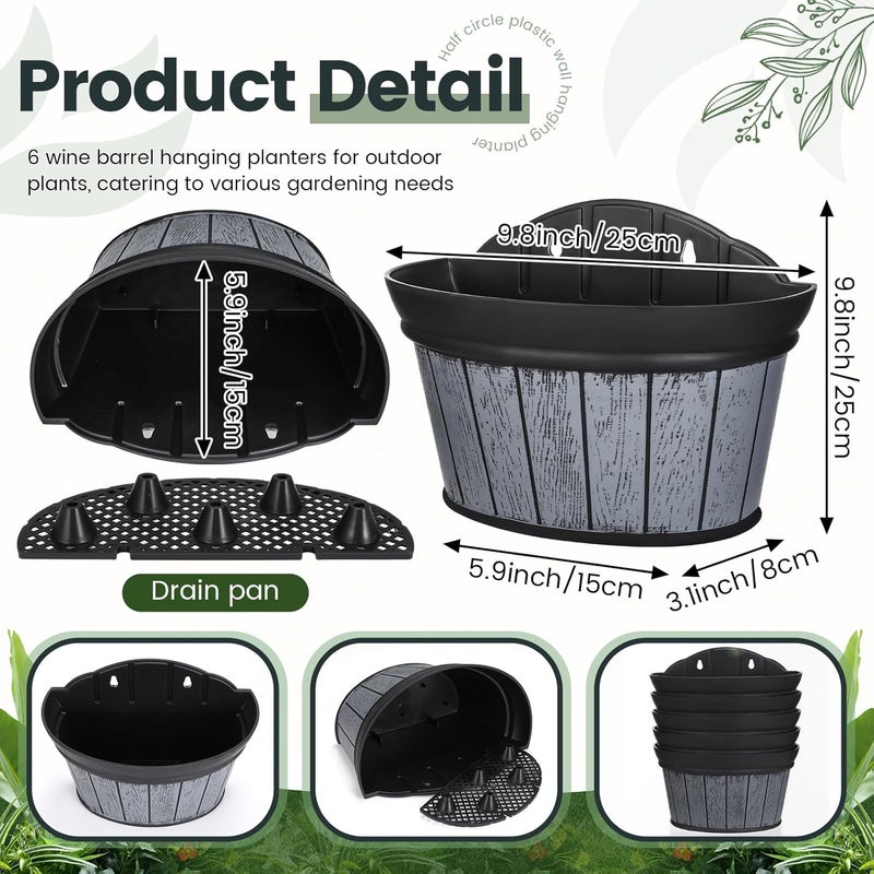 Layhit 6 Pcs Wall Hanging Planters Outdoor Pot Planter Wine Barrel Planter Distressed Oak Thickened Plastic Water Storage Flower Pots for Plants Flower Indoor Outdoor Railing(10 Inches,Black) - Image 2
