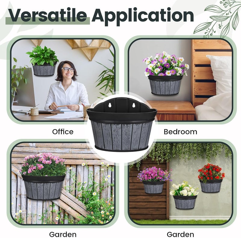 Layhit 6 Pcs Wall Hanging Planters Outdoor Pot Planter Wine Barrel Planter Distressed Oak Thickened Plastic Water Storage Flower Pots for Plants Flower Indoor Outdoor Railing(10 Inches,Black) - Image 3