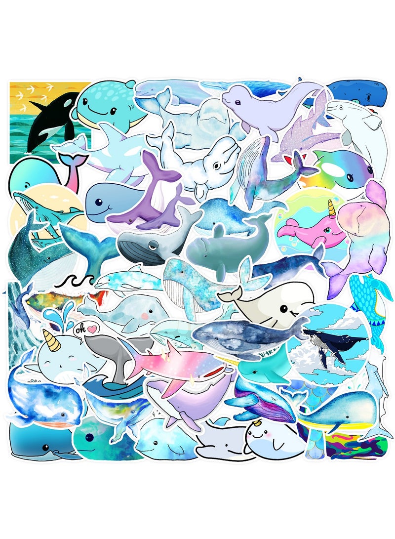 قوس قزح أورينبو 50 قطعة من ملصقات الحوت لأجهزة الكمبيوتر المحمول وزجاجة المياه والسيارة والدراجة النارية والكمبيوتر والجيتار وملصقات حيوانات المحيط الصغيرة المتينة للأطفال والمراهقين والبالغين والأولاد والبنات والأحفاد - Image 1