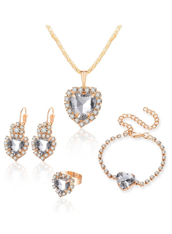 Elegant and distinctive women accessories set consisting of chain with pendant design studded with shiny crystals along with earrings bracelet and ring  - Image 3