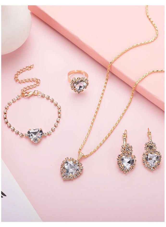 Elegant and distinctive women accessories set consisting of chain with pendant design studded with shiny crystals along with earrings bracelet and ring  - Image 4