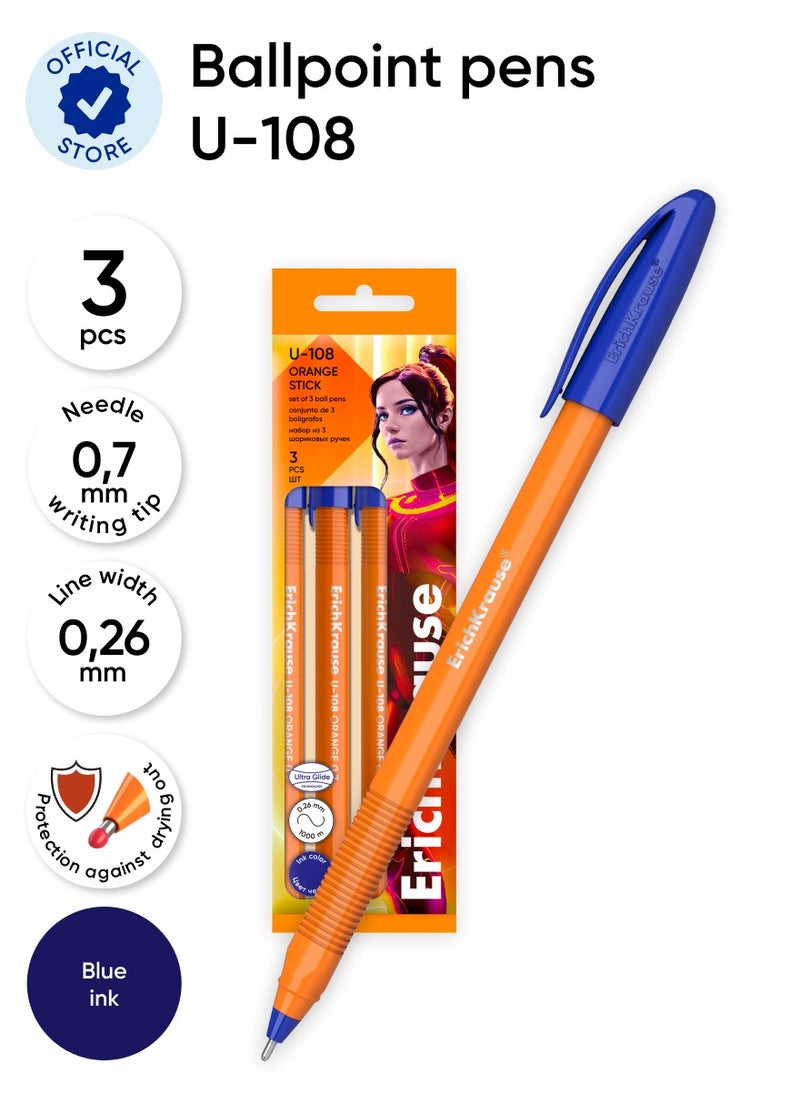 ErichKrause - Set of 3 ballpoint pens U-108 Stick Orange 1.0, Ultra Glide Technology, ink color: blue (in polybag) - Image 1