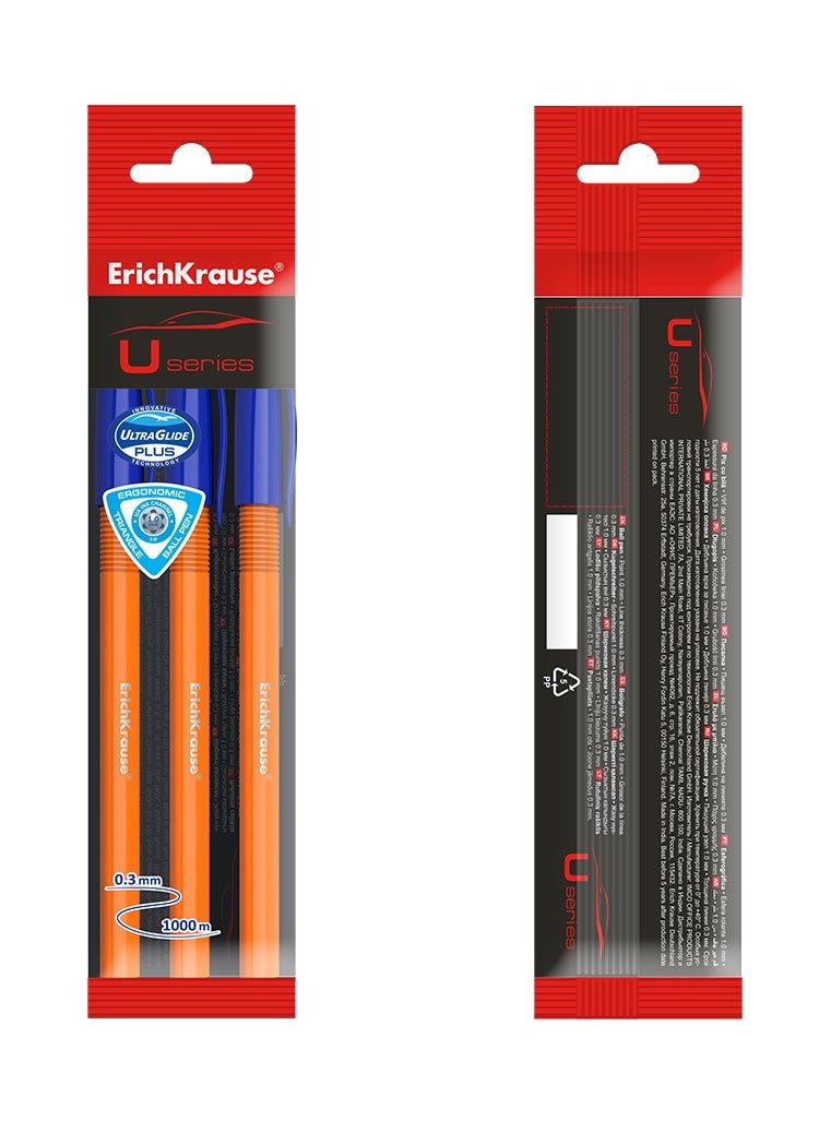 ErichKrause - Set of 3 ballpoint pens U-108 Stick Orange 1.0, Ultra Glide Technology, ink color: blue (in polybag) - Image 1