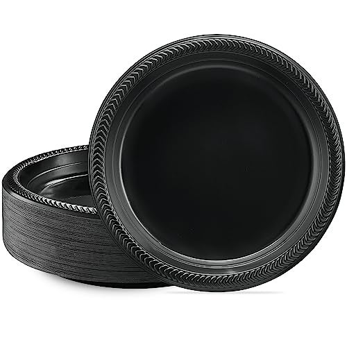 PLASTICPRO 100 PCS Black Plastic Plates Light Weight 9 Inch Plastic Dinner Plates Black Plates Disposable for Party and Wedding - Image 1