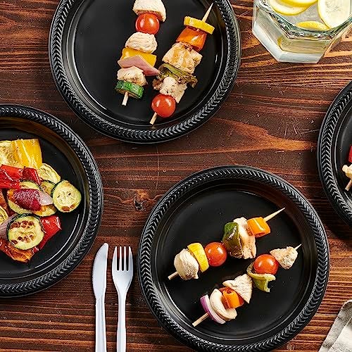 PLASTICPRO 100 PCS Black Plastic Plates Light Weight 9 Inch Plastic Dinner Plates Black Plates Disposable for Party and Wedding - Image 3