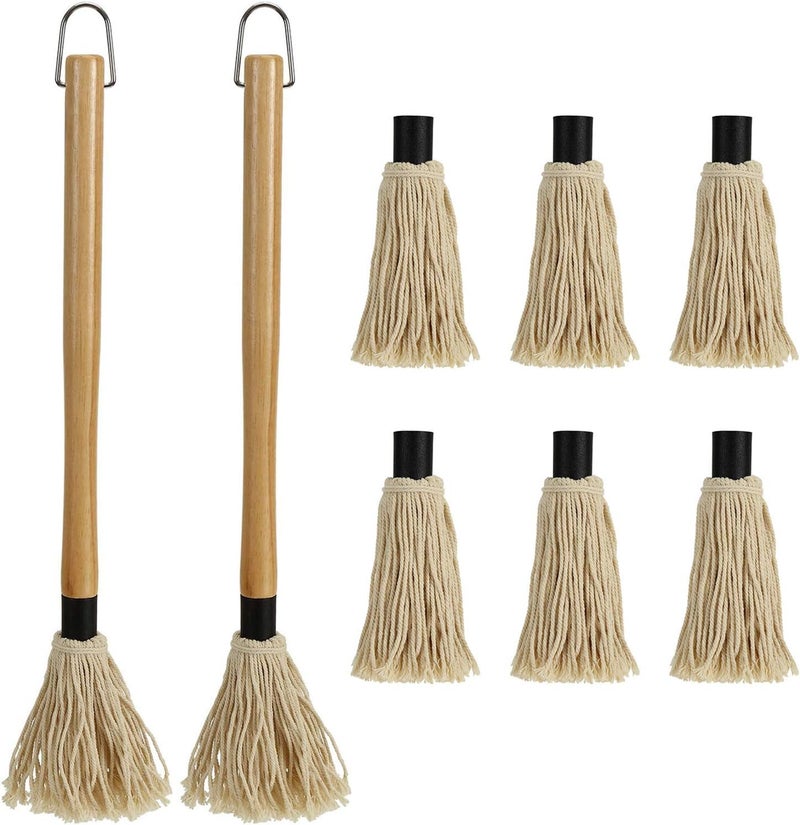 Hedume 2 Pack BBQ Basting Mop with 6 Extra Replacement Heads, Grill Basting Mop Wooden Long Handle Perfect for BBQ Grilling Smoking Steak (18.2 Inch) - Image 1