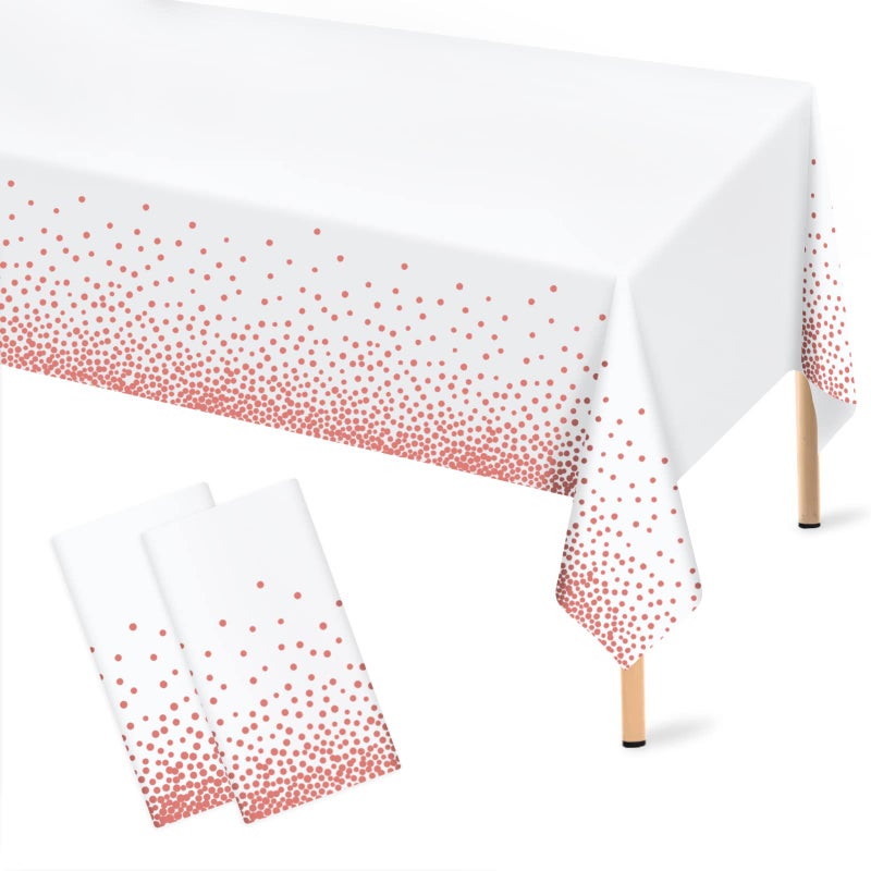 Rose Gold Polka Dot White Tablecloth 2 Pcs Disposable Plastic Table Cloths Rose Gold Confetti Table Cover for Birthday Parties Wedding Anniversary Baby Shower Fine Dining Decor 54 108 inches