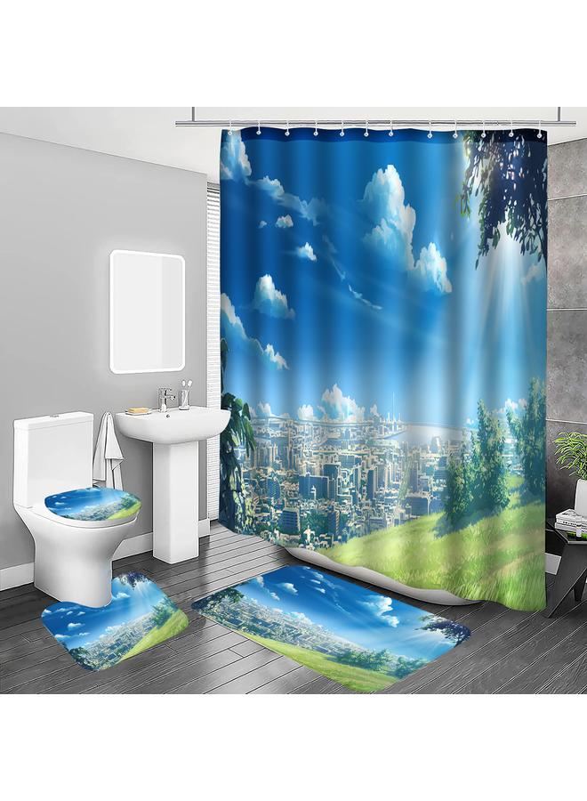 Bluejw A Generation Of Japanese Animation Scene Shower Curtain Four-piece Digital Printing Shower Curtain Mat Suit U-shaped Mat Wholesale - Image 1