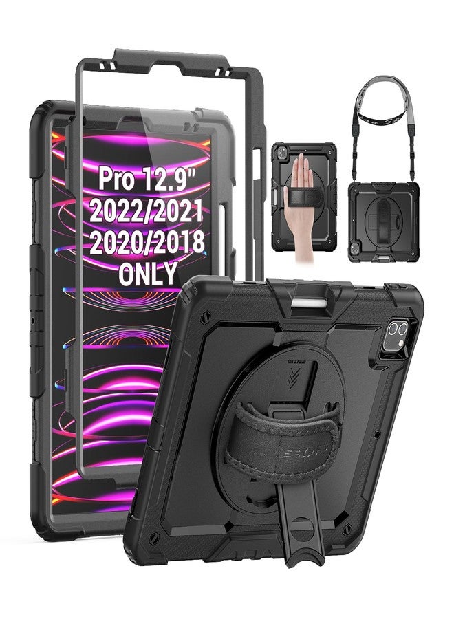 SEYMAC جراب SEYMAC لجهاز iPad Pro 12.9 (موديلات 2022/2021/2020/2018)، جراب متين مقاوم للصدمات مع واقي شاشة، حامل/مقبض/حزام كتف قابل للدوران 360 درجة، يدعم شحن قلم Apple Pencil 2، أسود - Image 1