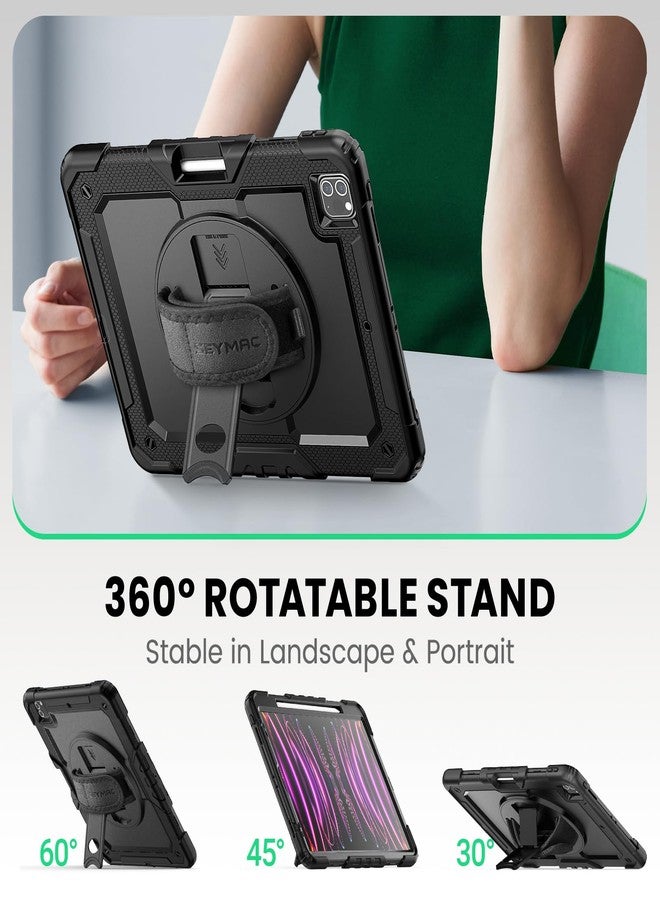 SEYMAC جراب SEYMAC لجهاز iPad Pro 12.9 (موديلات 2022/2021/2020/2018)، جراب متين مقاوم للصدمات مع واقي شاشة، حامل/مقبض/حزام كتف قابل للدوران 360 درجة، يدعم شحن قلم Apple Pencil 2، أسود - Image 4
