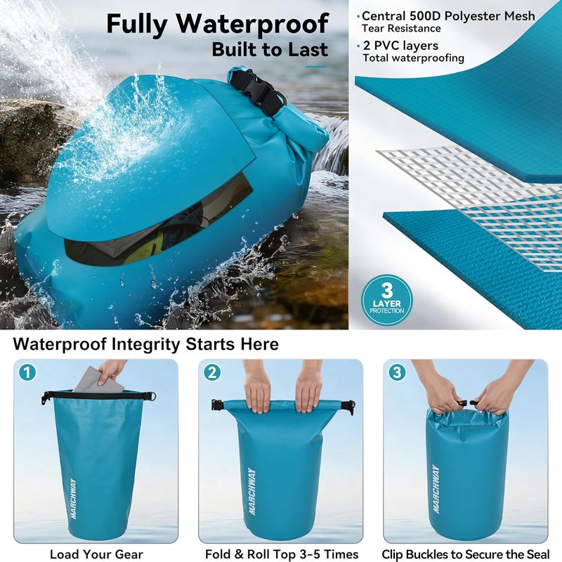 MARCHWAY Floating Waterproof Dry Bag 10L - Teal, Ideal for Kayaking, Rafting, and Camping - Image 3