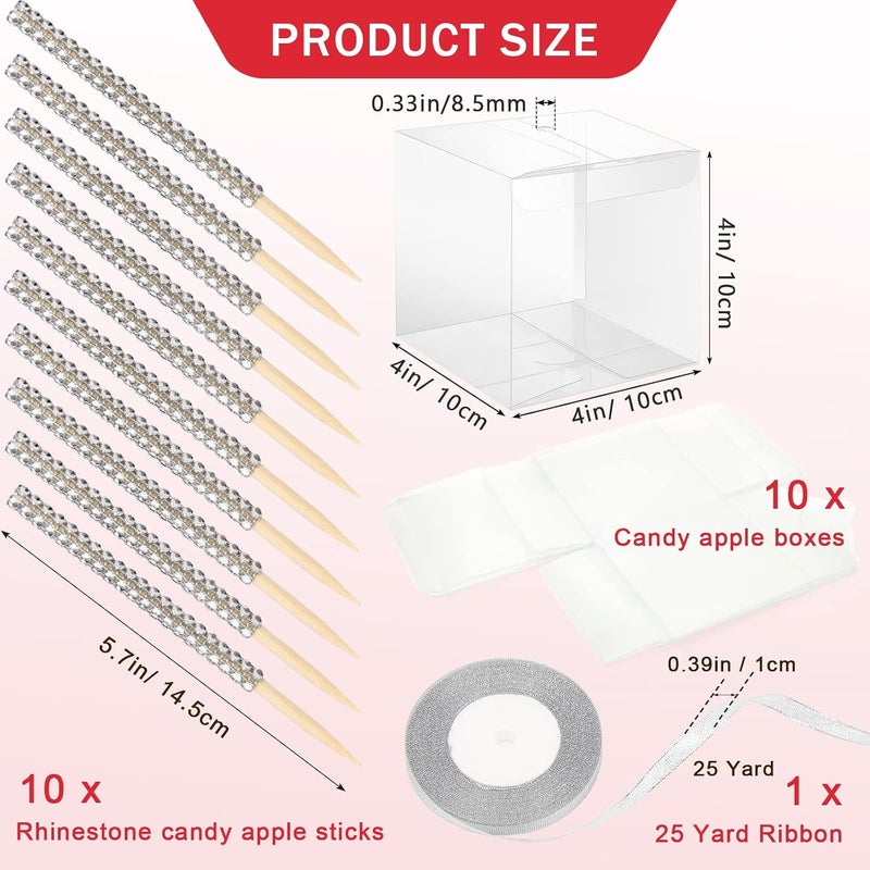 Anglekai 10+10 Candy Apple Kits, AngleKai 10Pcs Bling Candy Apple Sticks/ 10Pcs Candy Apple Boxes/ 25 Yard Ribbon, Rhinestone Caramel Apple Sticks Clear Candy Apple Boxes with Hole - Image 2