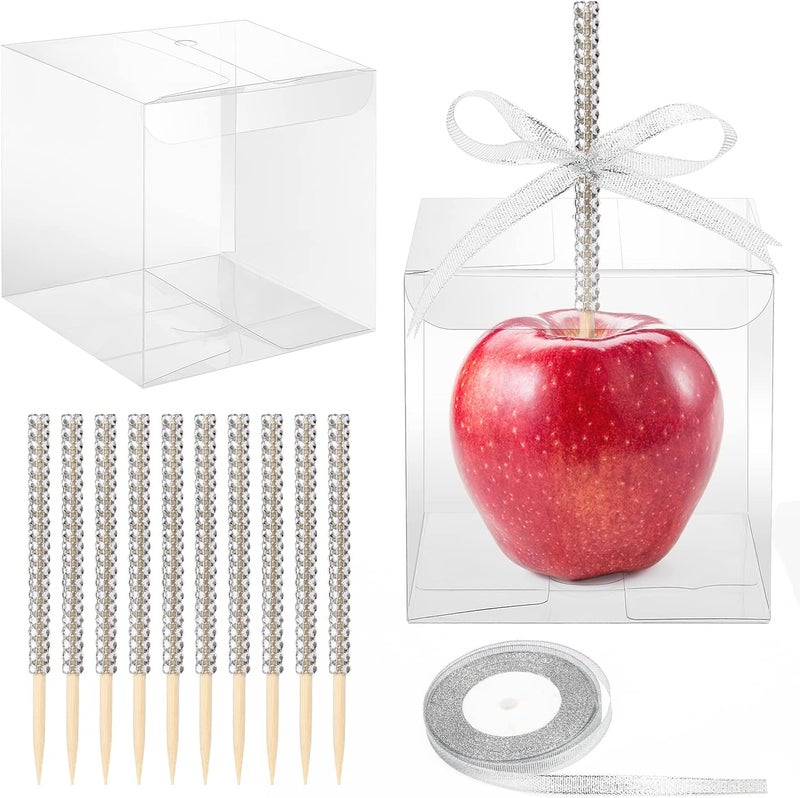 Anglekai 10+10 Candy Apple Kits, AngleKai 10Pcs Bling Candy Apple Sticks/ 10Pcs Candy Apple Boxes/ 25 Yard Ribbon, Rhinestone Caramel Apple Sticks Clear Candy Apple Boxes with Hole - Image 1