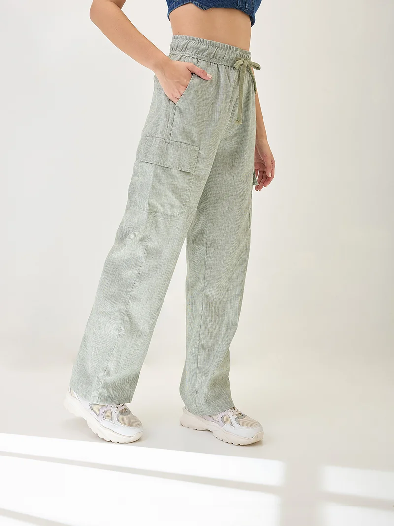 globus Women Self Design Checkered Drawstring Waist Cargo Trousers