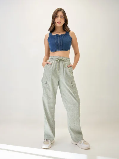 globus Women Self Design Checkered Drawstring Waist Cargo Trousers