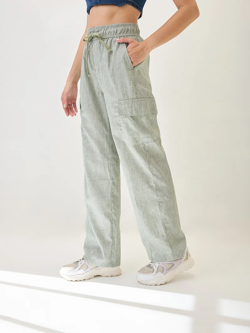 globus Women Self Design Checkered Drawstring Waist Cargo Trousers