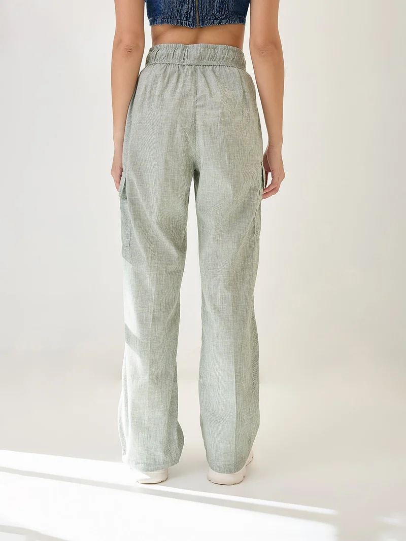 globus Women Self Design Checkered Drawstring Waist Cargo Trousers