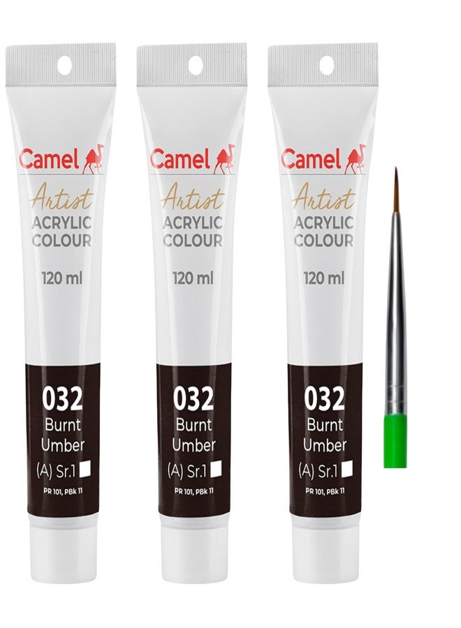 Camel Artist Acrylic Colour, Burnt Umber, 120 mL, Acrylic Paint, Pack of 3, Non-Toxic, 82532, Series 1, 3BU