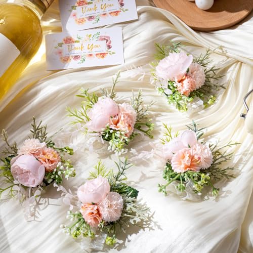 Glitinsel 12 Pcs Wedding Corsage and Boutonniere Set Artificial Rose Wedding Corsage Wristband with Pins for Prom Men Bride Party Accessories Groom Groomsmen Bridesmaids Women (Elegant,Champagne) - Image 4