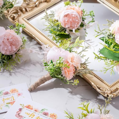 Glitinsel 12 Pcs Wedding Corsage and Boutonniere Set Artificial Rose Wedding Corsage Wristband with Pins for Prom Men Bride Party Accessories Groom Groomsmen Bridesmaids Women (Elegant,Champagne) - Image 5