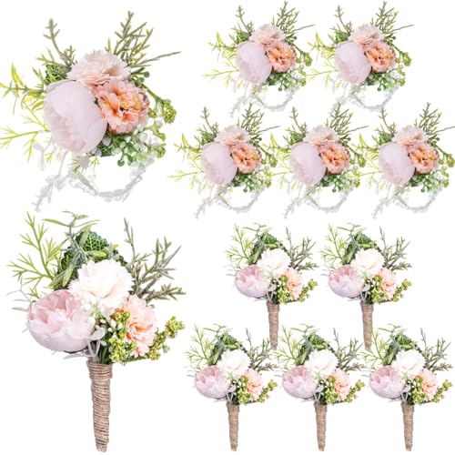 Glitinsel 12 Pcs Wedding Corsage and Boutonniere Set Artificial Rose Wedding Corsage Wristband with Pins for Prom Men Bride Party Accessories Groom Groomsmen Bridesmaids Women (Elegant,Champagne) - Image 1
