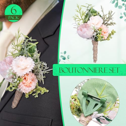 Glitinsel 12 Pcs Wedding Corsage and Boutonniere Set Artificial Rose Wedding Corsage Wristband with Pins for Prom Men Bride Party Accessories Groom Groomsmen Bridesmaids Women (Elegant,Champagne) - Image 3