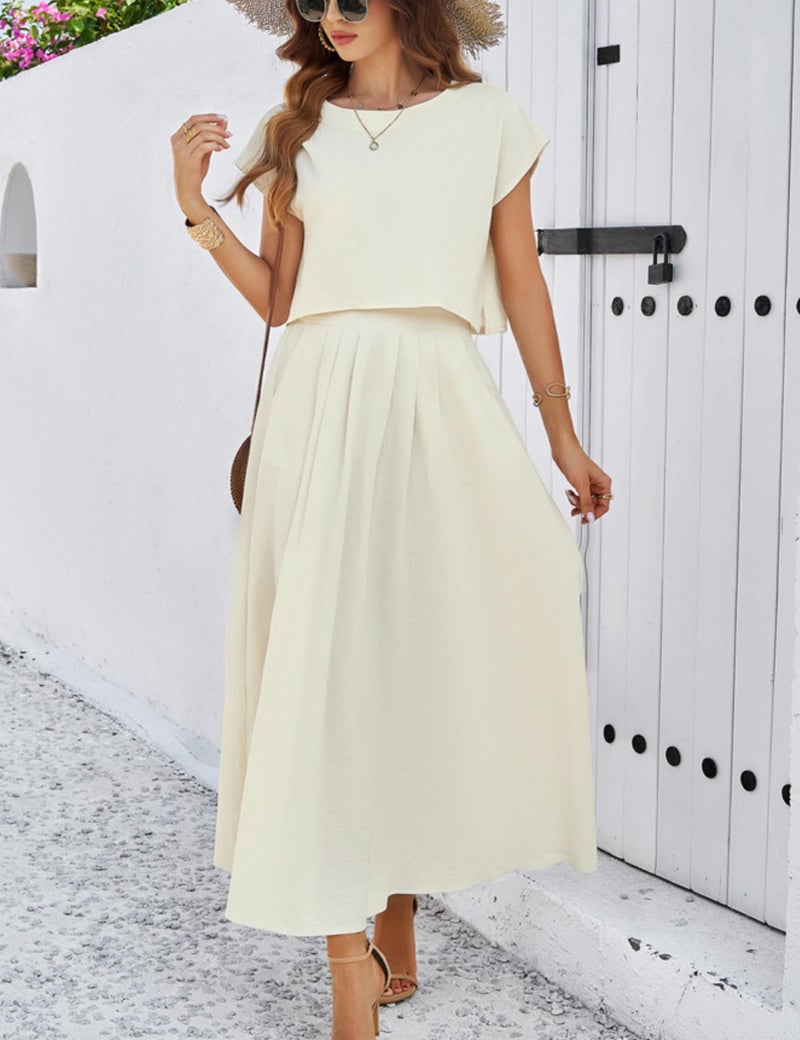 HangNiFang Summer Skirt Sets Women 2 Piece Outfits Cap Sleeve Top Elastic Waist Maxi Dress Sets with Pockets(1218-Beige-L) - Image 3
