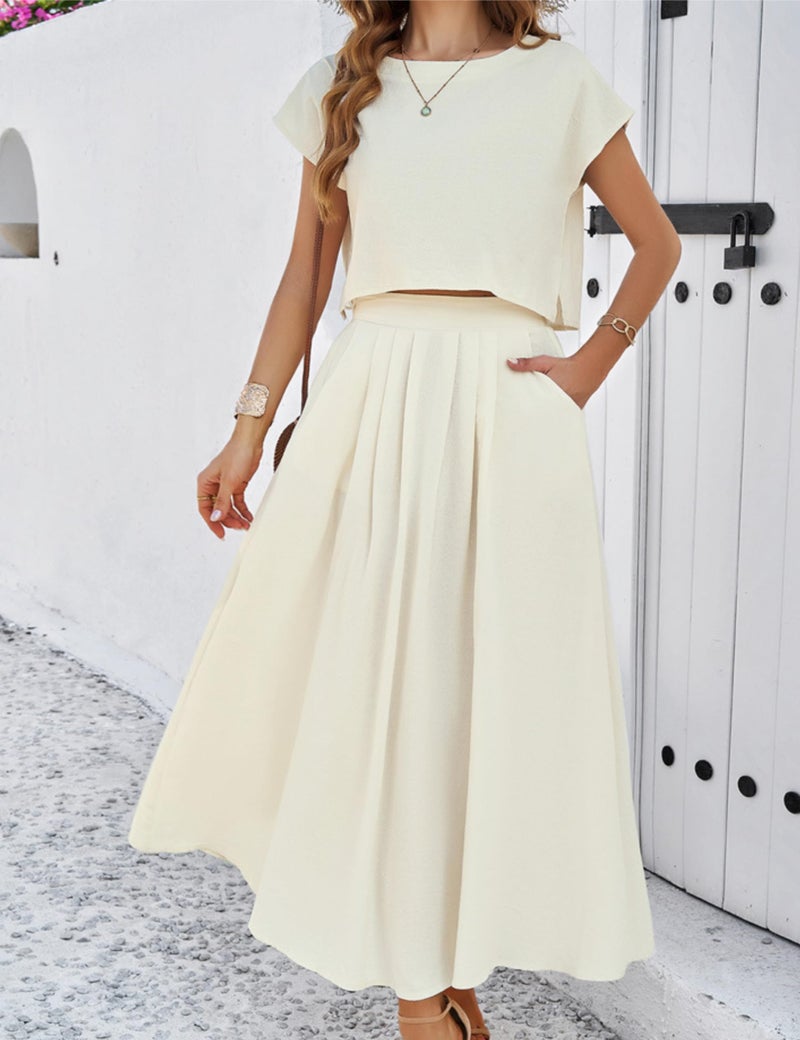 HangNiFang Summer Skirt Sets Women 2 Piece Outfits Cap Sleeve Top Elastic Waist Maxi Dress Sets with Pockets(1218-Beige-L) - Image 5