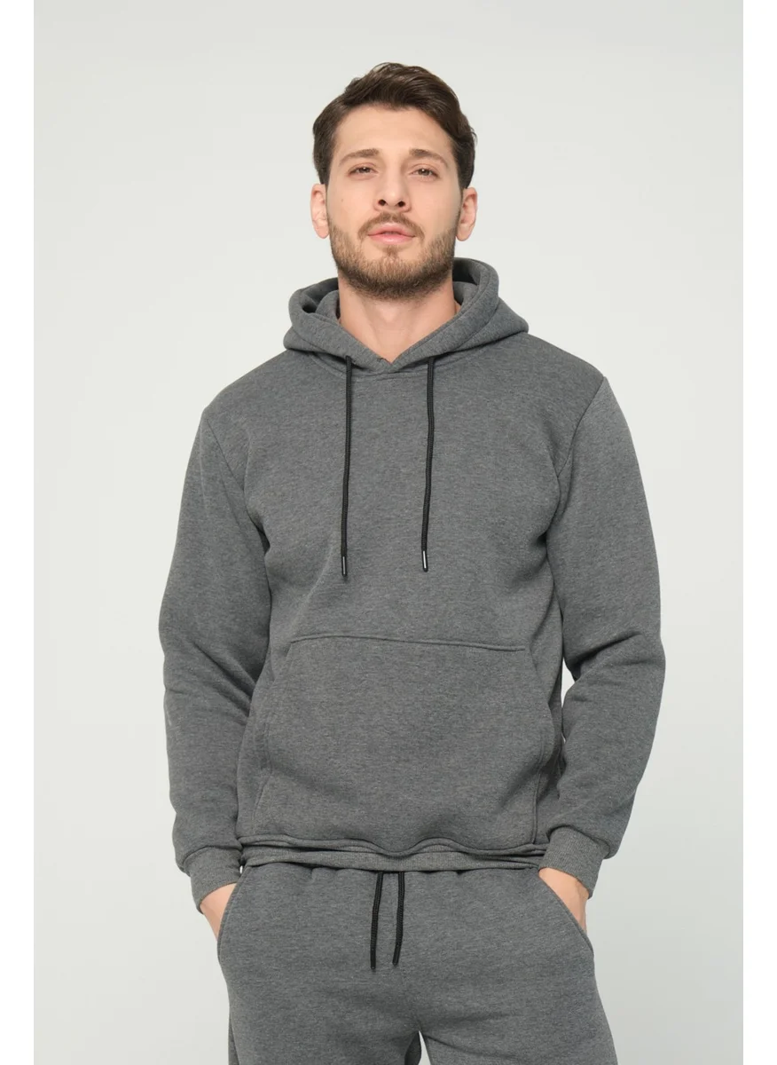 Four Man Anthracite Grey Hooded Sweatshirt 3 Thread Raised (100% Cotton)