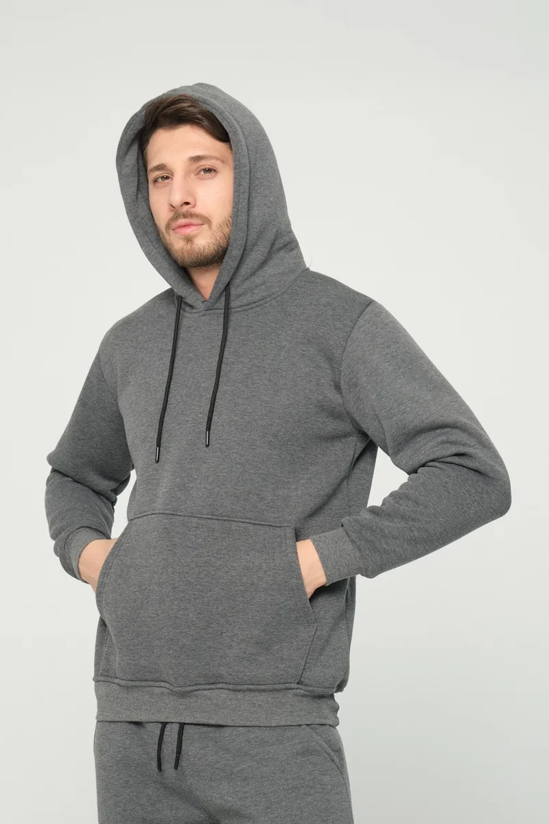 Four Man Anthracite Grey Hooded Sweatshirt 3 Thread Raised (100% Cotton)