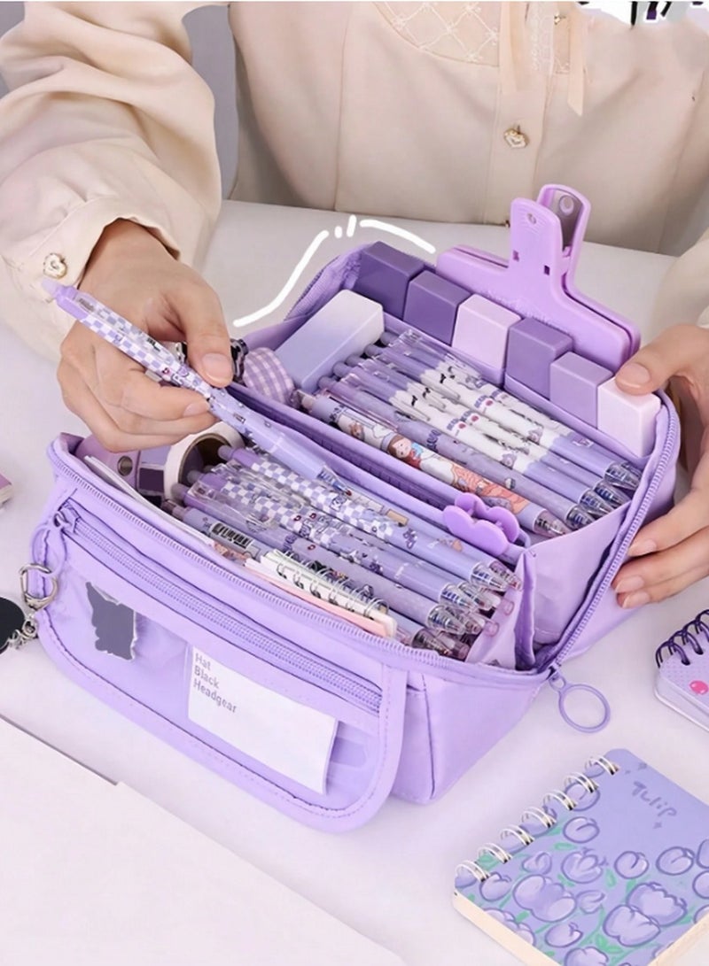 Large Capacity Purple Pencil Case Organizer – Cute Stationery Bag with Compartments & Zipper Pockets for Girls, Students, and Office Use - Image 1