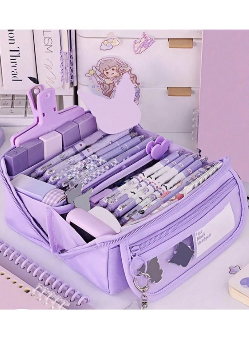 Large Capacity Purple Pencil Case Organizer – Cute Stationery Bag with Compartments & Zipper Pockets for Girls, Students, and Office Use - Image 3