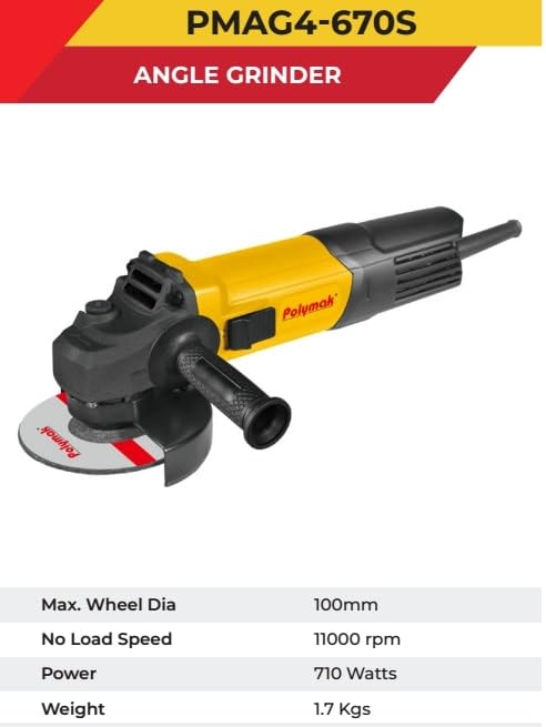 Polymak AG4-710W Angle Grinder | 4-Inch Diameter | 710W Motor | 11,000 RPM | Side Switch | Durable & Light in Weight | Ergonomic Handle | Grinding, Cutting, Polishing | 6-Month Warranty | Yellow - Image 2