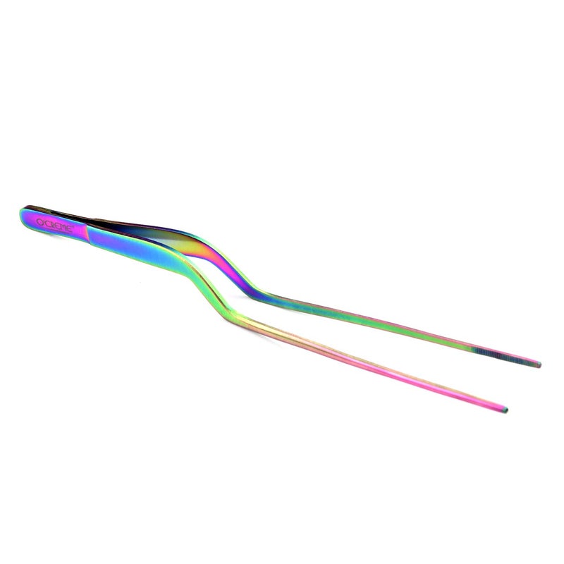 OCreme 8 Inch Multicolored Stainless Steel Precision Kitchen Culinary Offset Tweezer Tongs