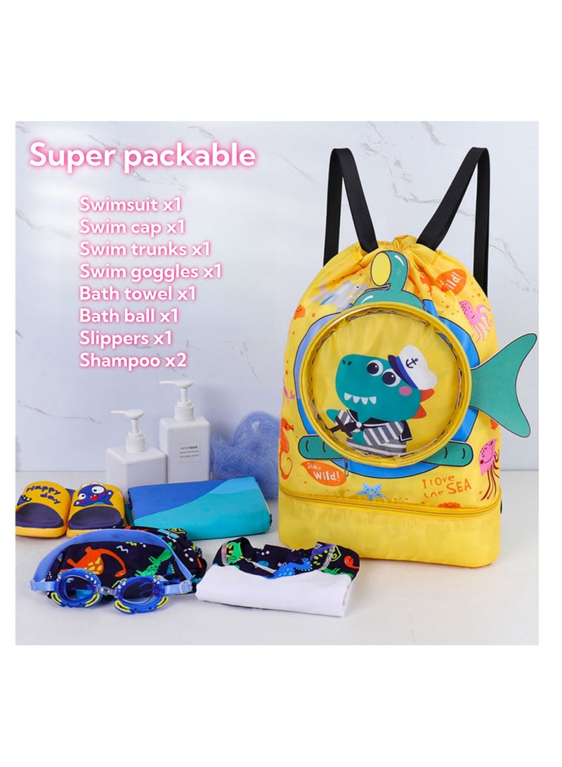 Dry Wet Separated Swim Bags for Kids, Waterproof Storage Bag with Independent Shoe Compartment for Boys  Girls, Portable Cartoon Design Drawstring Backpack for Swimming 42x28x10cm (Alligator) - Image 4