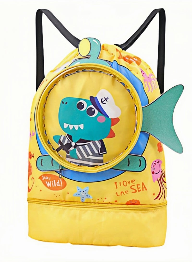Dry Wet Separated Swim Bags for Kids, Waterproof Storage Bag with Independent Shoe Compartment for Boys  Girls, Portable Cartoon Design Drawstring Backpack for Swimming 42x28x10cm (Alligator) - Image 1