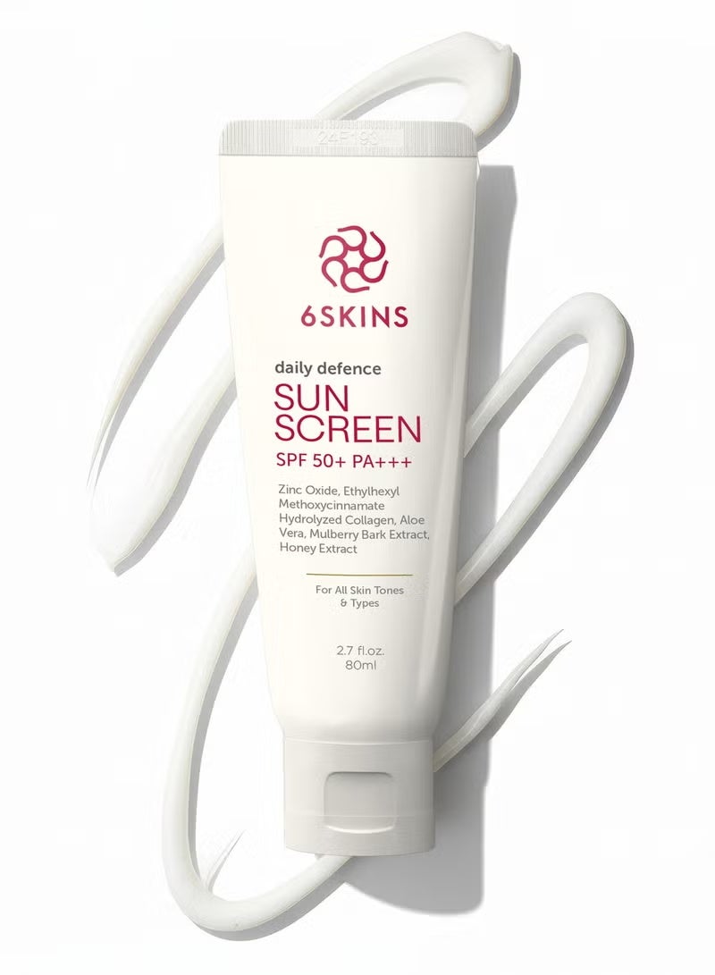 6SKINS Daily Defence SUN SCREEN SPF 50+ PA+++ for Broad Spectrum UVA/UVB | Titanium Dioxide & Zinc Oxide Sun cream | Collagen-Boosting Face Moisturizer with No-White Cast, Lightweight Non Greasy 80ml - Image 1