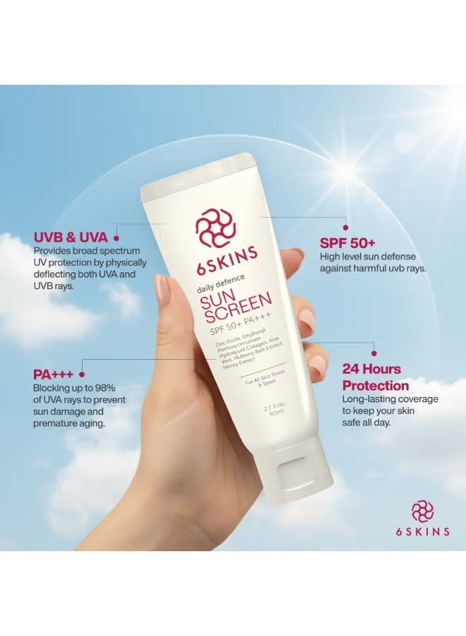 6SKINS Daily Defence SUN SCREEN SPF 50+ PA+++ for Broad Spectrum UVA/UVB | Titanium Dioxide & Zinc Oxide Sun cream | Collagen-Boosting Face Moisturizer with No-White Cast, Lightweight Non Greasy 80ml - Image 3