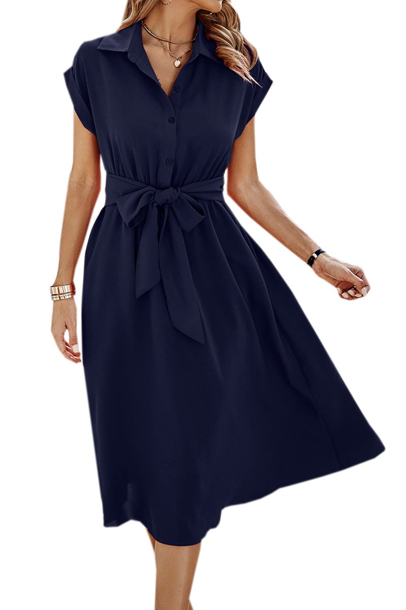 ECOWISH Womens Casual Midi Dresses Solid V Neck Short Sleeve Shirt Dress with Pockets for Spring Summer 2023 Blue L - Image 1