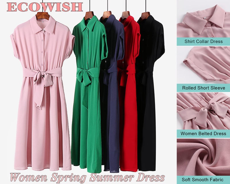 ECOWISH Womens Casual Midi Dresses Solid V Neck Short Sleeve Shirt Dress with Pockets for Spring Summer 2023 Blue L - Image 4