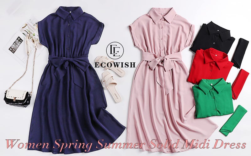 ECOWISH Womens Casual Midi Dresses Solid V Neck Short Sleeve Shirt Dress with Pockets for Spring Summer 2023 Blue L - Image 5