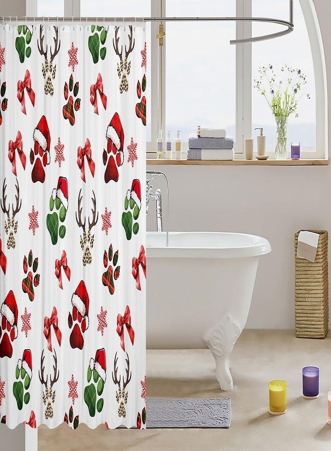Man Fei Manfei Christmas Dog Paw Shower Curtains,Retro Red Green Checker Footprint Bath Curtain,Xmas Snowflake Red Bowknot Deer Antler Bathroom Decor Set with 12 Hooks for Bathtub,72" Long - Image 3